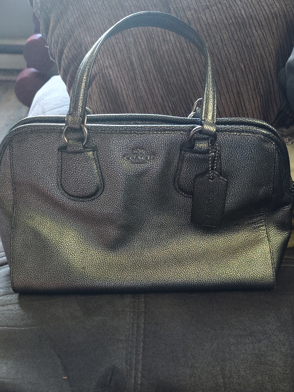 Coach Metallic Black Leather Messenger Tote